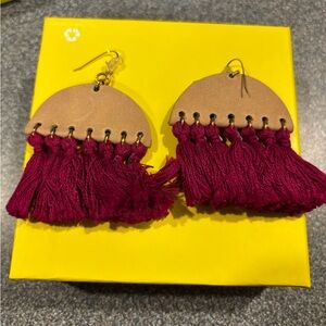Handcrafted Tan and Deep Pink Tassel & Leather Earrings
